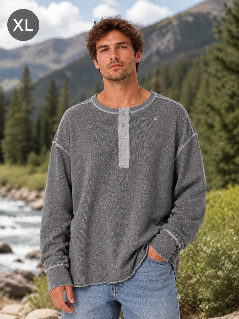 Stanfield’s Wool  Thermal Henley Sweater Gray XL Cozy Cabin Core